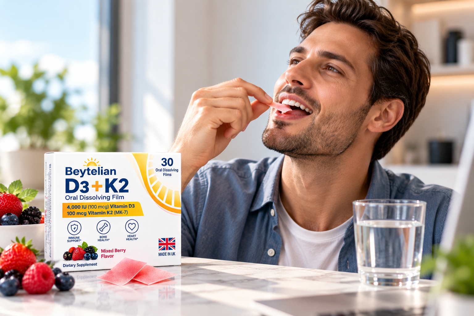 Man placing a pink Beytelian D3+K2 oral dissolving film on his tongue